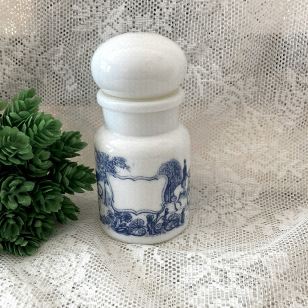 Vintage Bubble top apothecary jar, white milk glass/blue etchings. Great cond.